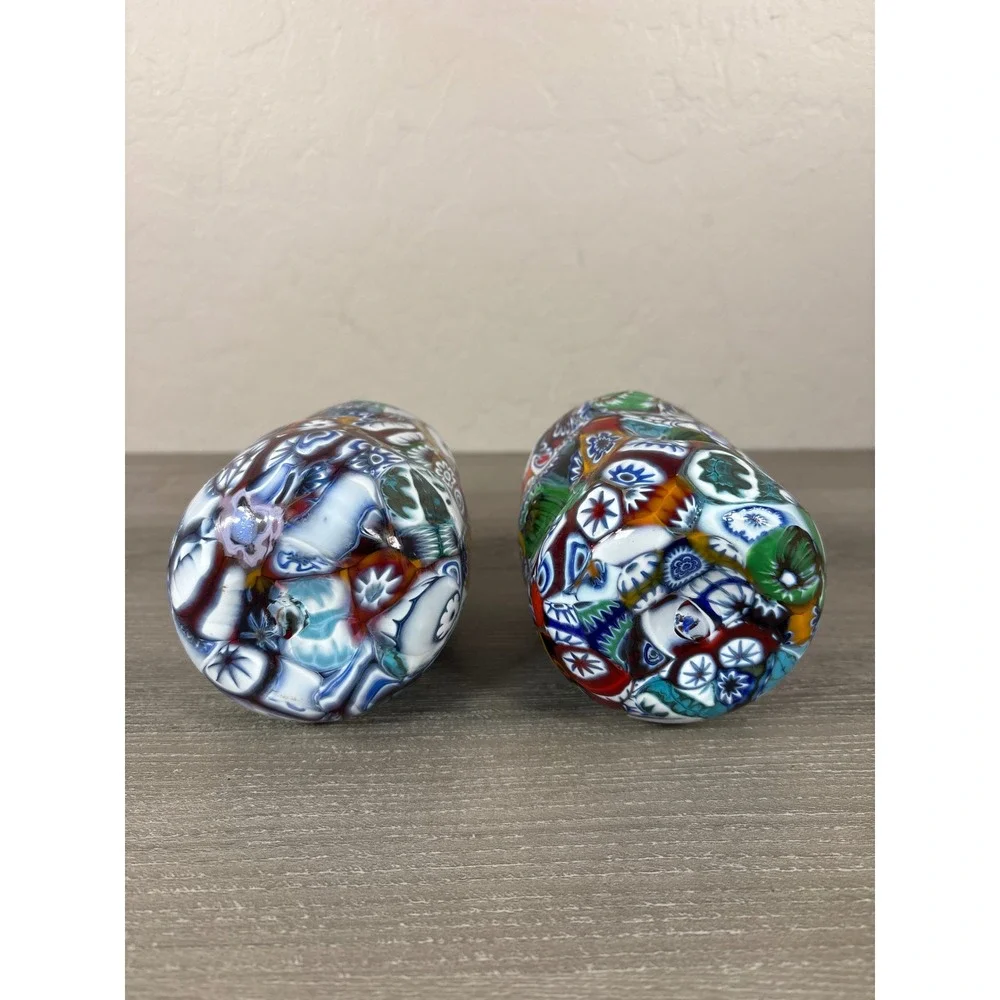 Millefiori Murano Venetian Style Art Glass Tumblers Set of 2 Multi Color Mosaic